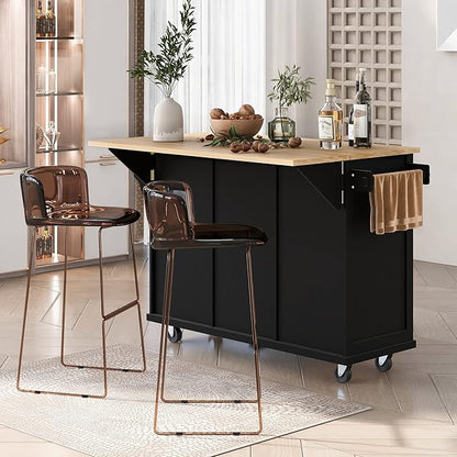 Ball & Cast Kitchen Island Cart with Rubber Wood Drop-Leaf Countertop,Cabinet Door Internal Storage Racks,Kitchen Island on 5 Wheels W/Storage Cabinet and 3 Drawers for Dinning Room,Black,53"