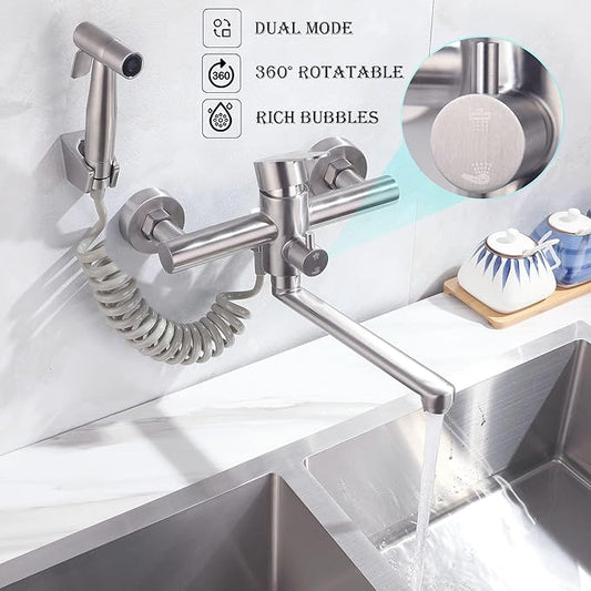 Wall Mount Kitchen Sink Faucet with Side Sprayer, Commercial Faucet, Nickel Brushed Unility Sink Faucet, Mixer Tap, 7.7-8.3 Inches Center, Spout Reach 9.2"