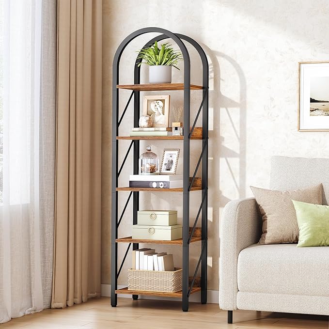 HOOBRO Bookshelf, 5-Tier Bookshelf Arched Display Racks, Industrial Bookcase with Metal Frame, Book Shelf Storage Organizer for Living Room, Office, Bedroom, Rustic Brown and Black BF425SJ01