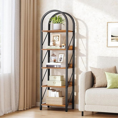 HOOBRO Bookshelf, 5-Tier Bookshelf Arched Display Racks, Industrial Bookcase with Metal Frame, Book Shelf Storage Organizer for Living Room, Office, Bedroom, Rustic Brown and Black BF425SJ01