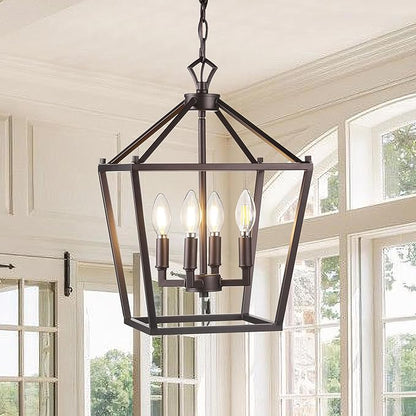 JONATHAN Y 12" Oil Rubbed Bronze Lantern Pendant Light, 4-Light Pagoda Style Metal Cage Farmhouse Hanging Ceiling Fixture for Kitchen Island, LED Bulb Included (JYL7436A)