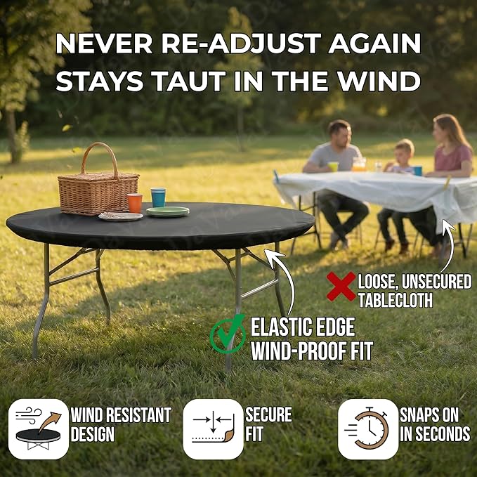 Kwik-Covers 10 Pack of Round Plastic Table Covers - 60" or 72" Round - Indoor or Outdoor Fitted Covers (Tables NOT Included) (Black, 72" Round)