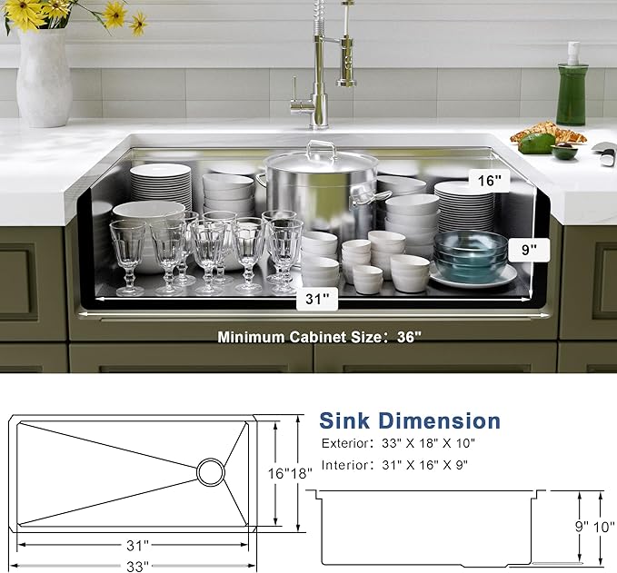 Undermount Kitchen Sink 33 inch,16 Gauge Stainless Steel Workstation Sinks,Deep and Large Single Bowl Kitchen Sink Offset Drain (33" X 18")