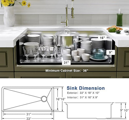 Undermount Kitchen Sink 33 inch,16 Gauge Stainless Steel Workstation Sinks,Deep and Large Single Bowl Kitchen Sink Offset Drain (33" X 18")