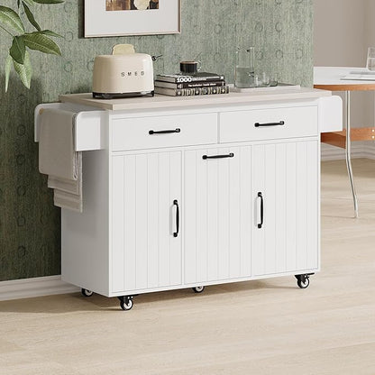 Ball & Cast Kitchen Island with Trash Can Storage Cabinet,Kitchen Cart W/Drop Leaf,Spice Rack,Towel Rack and Drawers,Rolling Kitchen Islands on Wheels W/Adjustable Shelf for Dining Room,White Oak
