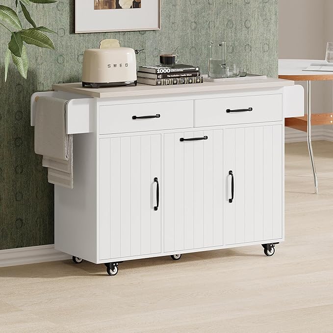 RUNNA Kitchen Island with Trash Can Storage Cabinet, Kitchen Cart with Drop Leaf, Spice Rack, Towel Rack and Drawer, Rolling Kitchen Island on Wheels with Adjustable Shelf (White Oak~81)