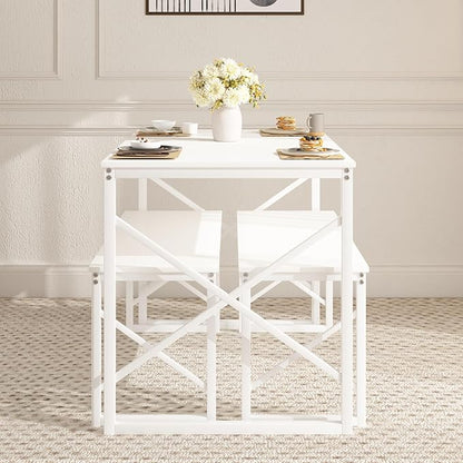 VECELO Kitchen Table with 2 Benches for 4, 43.3'' Wood Dining Room Dinette Sets with Metal Frame for Breakfast Nook and Small Space, White