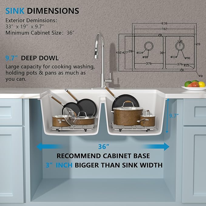 33 Granite Composite Kitchen Sink Double Bowl - Fulorni 33"x19" Granite Kitchen Sink White Undermount Double Bowl 50/50 Quartz Classic Composite Under Counter Basin