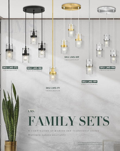 LMS 3-Light Brushed Nickel Cluster Pendant Light, Modern Dining Room Light Fixture with Hammered Glass, Hanging Chandelier Lighting for Dining Room, Kitchen Island, Bedroom, LMS-198