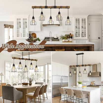 5-Light Dining Room Light Fixture, 63" Adjustable Height Pendant Lights Kitchen Island Black Metal & Rustic Wood Modern Linear Ceiling Chandeliers Over Table with E26 Base for Farmhouse Bar