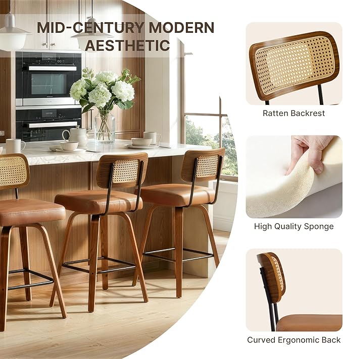 Swivel Bar Stools Set of 2, 26" Upholstered Counter Height Bar Stools with Rattan Back and Bent Walnut Wood Legs, Faux Leather Modern Barstools for Kitchen Island,Rattan Brown