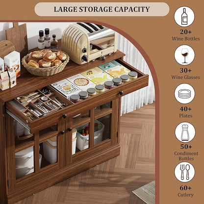 GarveeHome 35.4 in Sideboard Buffet Cabinets with Glass Door, Buffet Cabinet with Storage, Walnut Sideboard Cabinet with Drawer, Modern Buffets & Sideboards for Dining Room, Kitchen
