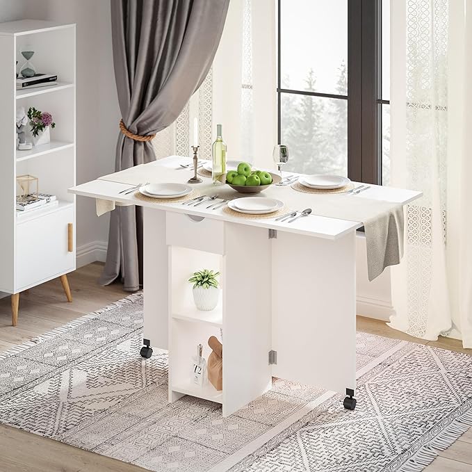 Folding Dining Table, Drop Leaf Table for Small Space with Drawer and Open Storage Shelves, Modern Rectangular Kitchen Dining Table, 47.2" L x 28.3" W(White)