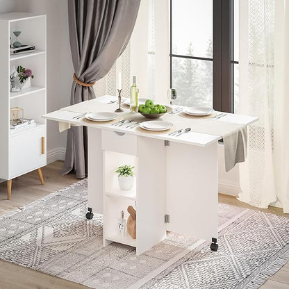 Folding Dining Table, Drop Leaf Table for Small Space with Drawer and Open Storage Shelves, Modern Rectangular Kitchen Dining Table, 47.2" L x 28.3" W(White)