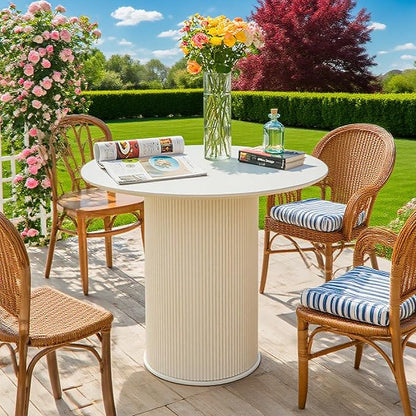 MIXL- Farmhouse White Dining Table, Large Round Kitchen Tables with Metal Base, White Dinner Table, Space Saving Dining Tables for Home, Kitchen, Dining Room and Restaurant