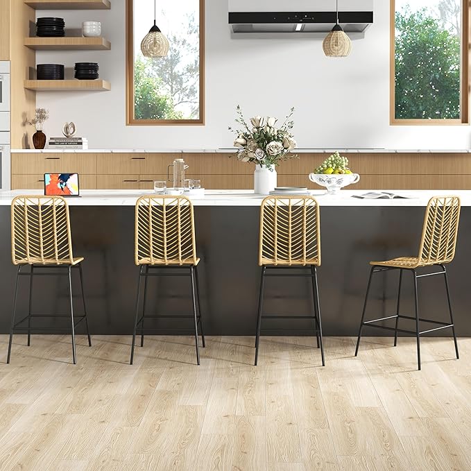 NewCosmos Rattan Bar Stools Set of 4, 26" Counter Height Barstools, Boho Kitchen Island Stools with Breathable Wicker Seat and Back, Yellow
