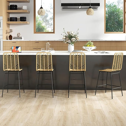 NewCosmos Rattan Bar Stools Set of 4, 26" Counter Height Barstools, Boho Kitchen Island Stools with Breathable Wicker Seat and Back, Yellow