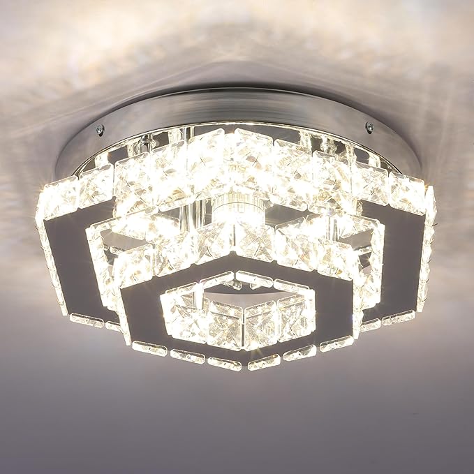 CXGLEAMING Modern Crystal Chandelier LED Flush Mount Ceiling Light Hexagonal Pendant Lamp Fixture 3 Color Changing Ceiling Light for Bedroom Hallway Bar Living Room Bathroom