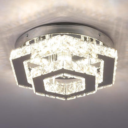 CXGLEAMING Modern Crystal Chandelier LED Flush Mount Ceiling Light Hexagonal Pendant Lamp Fixture 3 Color Changing Ceiling Light for Bedroom Hallway Bar Living Room Bathroom