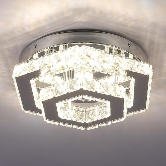 CXGLEAMING Modern Crystal Chandelier LED Flush Mount Ceiling Light Hexagonal Pendant Lamp Fixture 3 Color Changing Ceiling Light for Bedroom Hallway Bar Living Room Bathroom