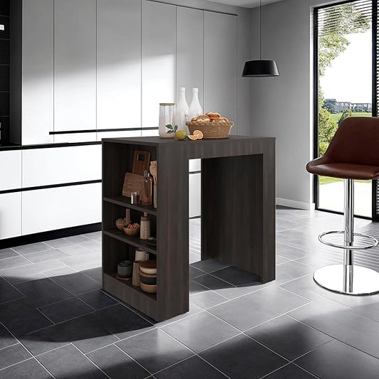 GOWE Lacour Kitchen Island, Kitchen Bar Table with 3-Side Shelves, Dark Walnut