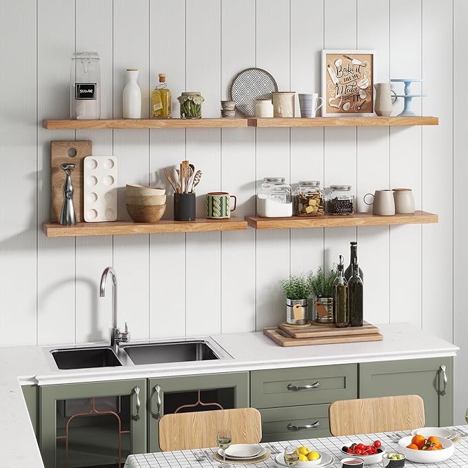 Reclaimed Elm Wood Floating Shelf for Wall, Flat Edge 48"W x 9.2"D x 1.4"H, 1 Pack with Invisible Bracket, Large Wall Mounted Shelf for Living Room Bedroom Kitchen Bathroom Decor, Natural Finish