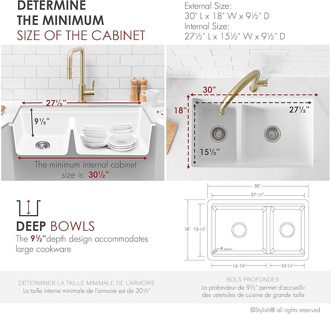 Stylish 30 x 18 Inch Composite Granite Workstation Kitchen Sink, 60/40 Double Bowl Under Mount & Drop in, 9.5 in Deep, Reversible, with Cutting Board, Colander, Colander & Strainer, White, S-831WH