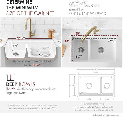 Stylish 30 x 18 Inch Composite Granite Workstation Kitchen Sink, 60/40 Double Bowl Under Mount & Drop in, 9.5 in Deep, Reversible, with Cutting Board, Colander, Colander & Strainer, White, S-831WH