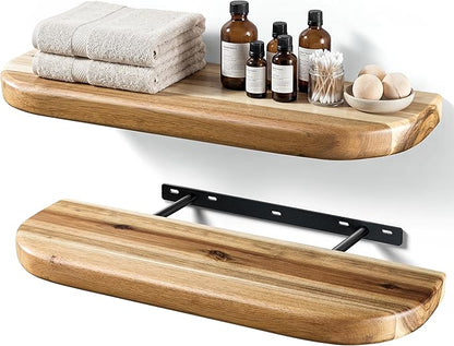 BATODA 17" Acacia Wood Floating Shelves Wall Mounted (Round Edge) – Rustic Farmhouse Wooden Wall Storage Shelf for Bedroom, Kitchen - Brackets and Shelving Hardware Included
