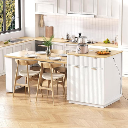 JIJIWANG 82.6" Fluted Kitchen Island with Extendable Dining Table for 4-6, Island Table for Kitchen with Power Outlet, Kitchen Table with Double-Side Storage, 2 Drawers 2 Side Open Shelves, White