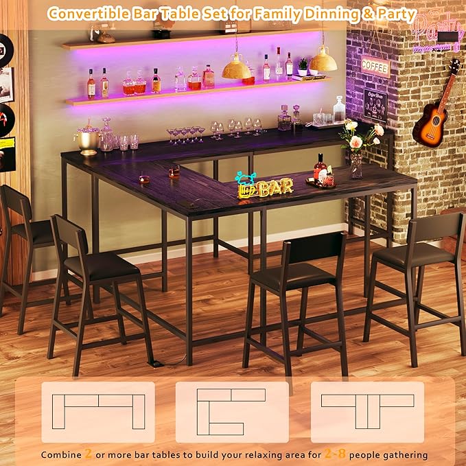 Bar Table and Chairs Set, 3 Piece Convertible L-Shaped Kitchen Table with 2 PU Leather Bar Stools, 63‘’ Counter Height Small Dining Table with Power Outlets, Space Saving, Breakfast Nook Corner, Black