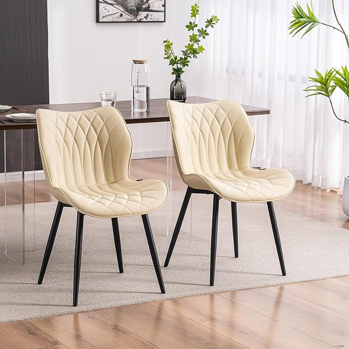 Kidol & Shellder Dining Chairs Set of 2, PU Leather Upholstered Kitchen Chairs with Back Armless, Mid Century Modern Side Chair for Dining Room, Living Room, Lounge, Restaurant, Beige