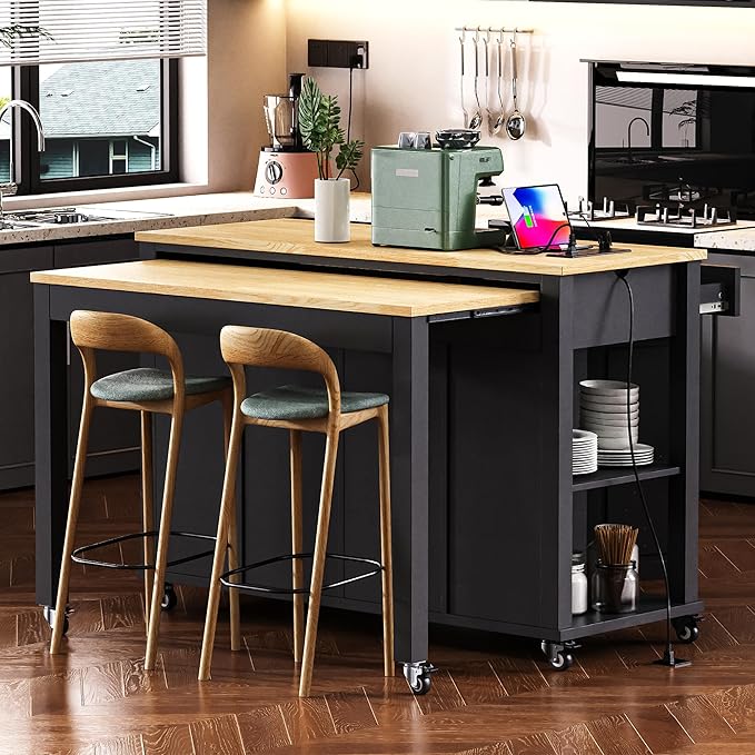Modern Dining Table Kitchen Island 47 Inch Extendable with Rack Power Outlet Rubber Wood Veneer Adjustable Sturdy Stable Easy Clean Counter Console Luxury,Black-MDF