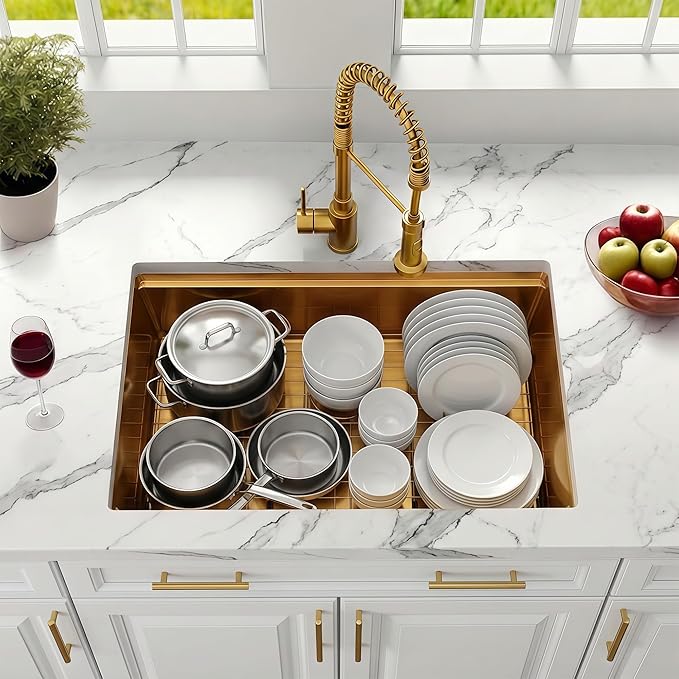 30 Inch Undermount Gold Kitchen Sink,16 Gauge Stainless Steel Kitchen Sink Single Bowl, 30"x19"x9" Ledge Workstation Sinks With All Accessories, Multi-Functional Workstation Sinks