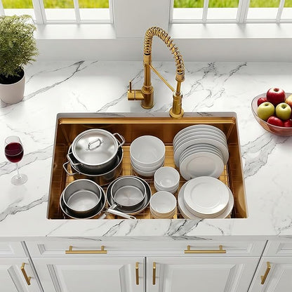 30 Inch Undermount Gold Kitchen Sink,16 Gauge Stainless Steel Kitchen Sink Single Bowl, 30"x19"x9" Ledge Workstation Sinks With All Accessories, Multi-Functional Workstation Sinks