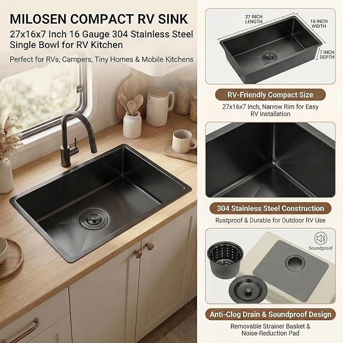 MILOSEN Black RV Kitchen Sink, 27''×16''×7'' 16 Gauge T304 Stainless Steel Drop-in/Undermount Black RV Sink, Single Bowl Sinks for Caravans/Campervans & Site Cabins, 7 inch Depth Outdoor Trailer Sinks