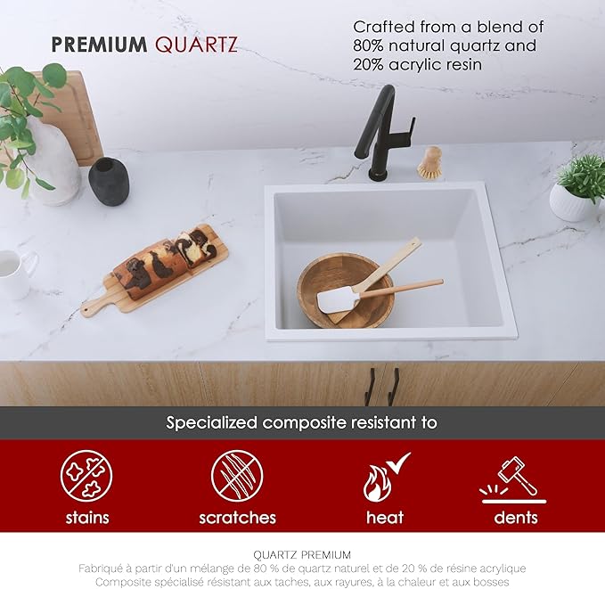 Stylish 22 x 17.5 Composite Granite Kitchen Sink, Single Bowl Under Mount & Drop in, 8.25 in Deep, Rear-Center Drain, with Strainer, White, S-822H