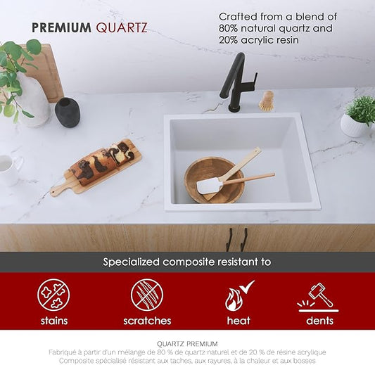 Stylish 22 x 17.5 Composite Granite Kitchen Sink, Single Bowl Under Mount & Drop in, 8.25 in Deep, Rear-Center Drain, with Strainer, White, S-822H