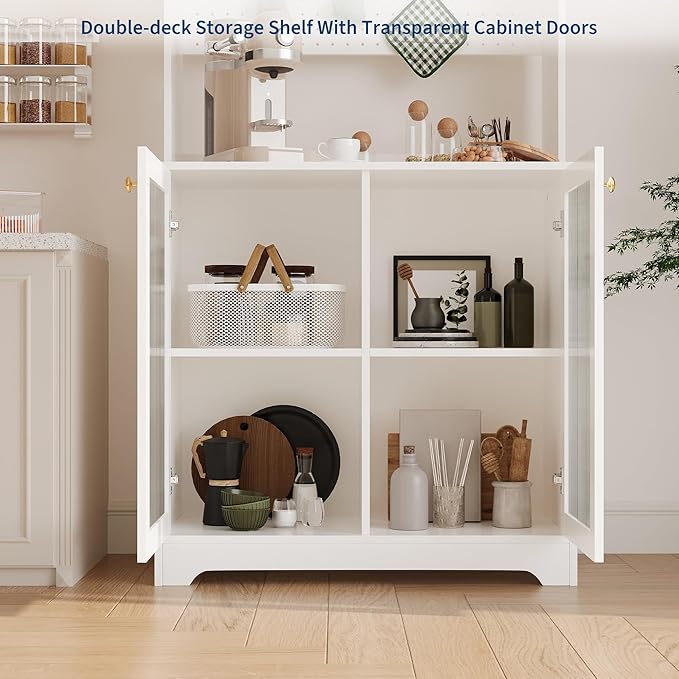 71" Kitchen Pantry Cabinet with Double Glass Doors and Pegboard, Wooden Cabinet with Open Shelves and Countertop,Kitchen Hutch with Storage for Dining Room or Living Room, White