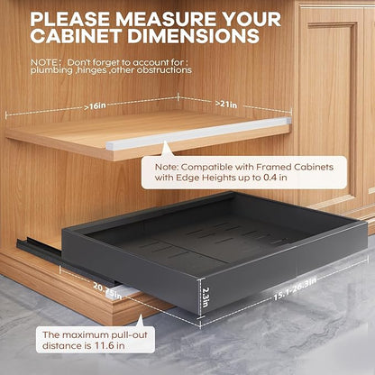 Seinloes 4 Pack Expandable (15.1"-26.3") Pull Out Cabinet Organizer 21" Deep With Raising Pad for Framed Cabinets,Upgrade 3 Slide Rails Slide Out Drawers,No Drill Roll Out Shelves Adhesive,Black