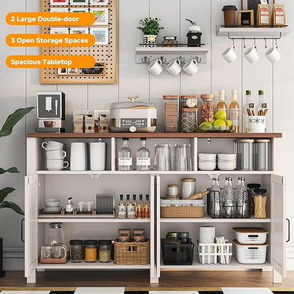 knoworld Buffet Sideboard with Storage Farmhouse with 4 Doors, 55'' Large Kitchen Storage Cabinet Wood Coffee Bar Cabinet Buffet Table with Shelves for Kitchen, Dining Room, Entryway
