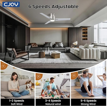 CJOY Ceiling Fan with Lights, 48 Inch Low Profile Ceiling Fans with Light and Remote, Reversible DC, Flush Mount, 3CCT，Dimmable, Modern Indoor/Outdoor Design for Bedroom, Living Room, Patio, Kitchen