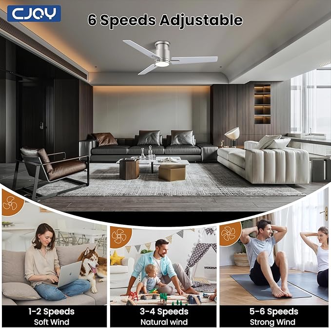 CJOY Ceiling Fan with Lights, 52 Inch Low Profile Ceiling Fans with Light and Remote, Reversible DC, Flush Mount, 3CCT，Dimmable, Modern Indoor/Outdoor Design for Bedroom, Living Room, Patio, Kitchen