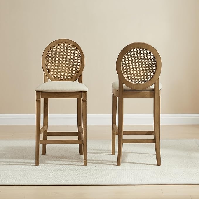 Crosley Furniture Katia Traditional Oval Cane-Back Counter Height Stool Set of 2, Upholstered Bar Stools, Driftwood/Crème