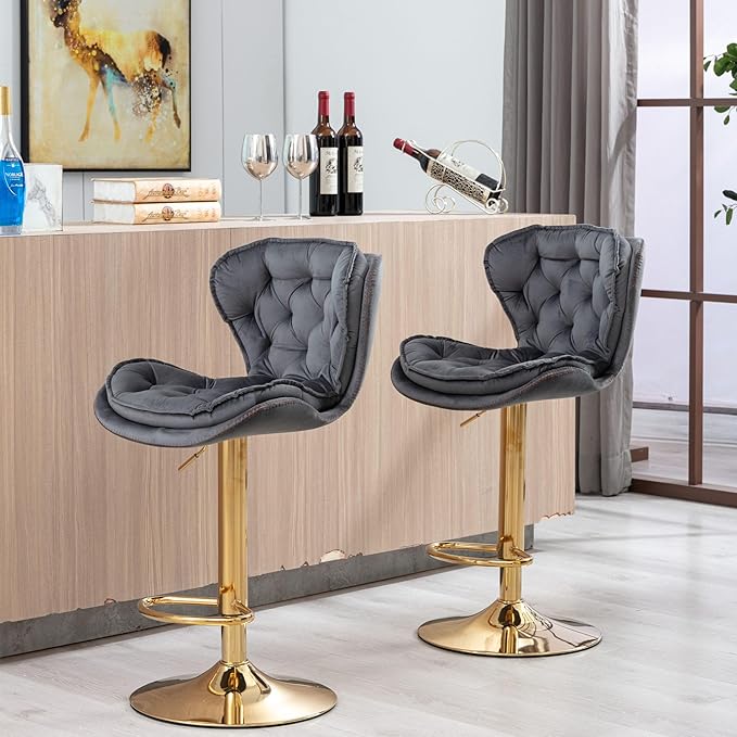 Rhomtree 24-33 Inch Swivel Bar Stools, Adjustable Counter Height Barstools, Velvet Tufted Back and Golden Footrest, Bar Chairs Kitchen Island, Cafe, Bar Counter, Dining Room, Coffee(Grey Set of 2)