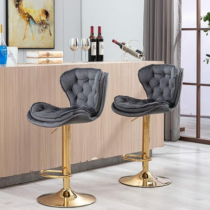 Rhomtree 24-33 Inch Swivel Bar Stools, Adjustable Counter Height Barstools, Velvet Tufted Back and Golden Footrest, Bar Chairs Kitchen Island, Cafe, Bar Counter, Dining Room, Coffee(Grey Set of 2)