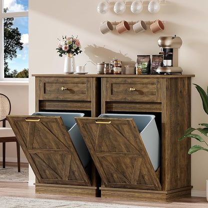 YESHOMY 10 Gallon Tilt-Out Trash Cabinet, Wooden Hidden Garbage Can Holder with Storage Drawers for Kitchen and Dining Room, Dark Brown (2 Piece)