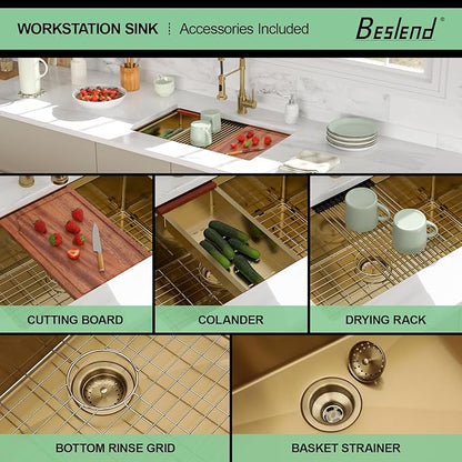 30x19 Undermount Gold Kitchen Sink - Beslend Stainless Steel Ledge Workstation Kitchen Sinks Gold Sink 16 Gauge Single Bowl Undermount Basin