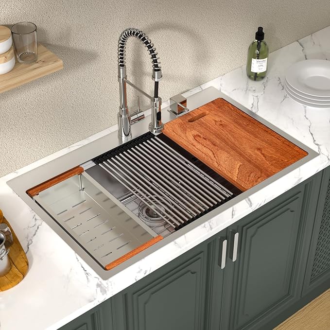 Lordear 36 Drop In Kitchen Sinks Worktation 16 Gauge 36x22 Inch Stainless Steel Single Bowl Ledge Worktation Topmount Overcounter Handmade Kitchen Sink Basin With Cutting Board