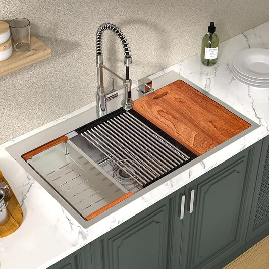 Lordear 36 Drop In Kitchen Sinks Worktation 16 Gauge 36x22 Inch Stainless Steel Single Bowl Ledge Worktation Topmount Overcounter Handmade Kitchen Sink Basin With Cutting Board